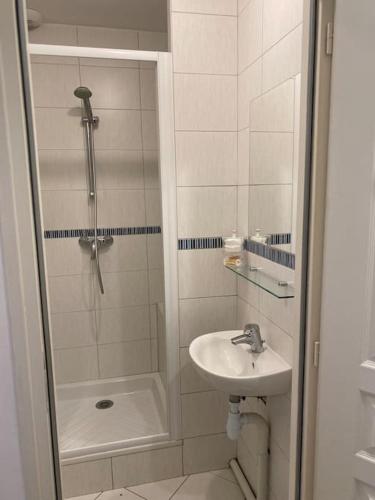 une salle de bain avec douche et lavabo dans l'établissement Le Noisetier, à Cerelles