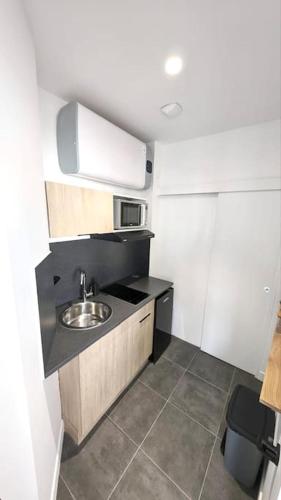 une petite cuisine avec un évier et un micro-ondes dans l'établissement Le CinéChic RDC, à Abbeville