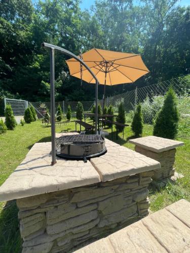a fire pit with an umbrella and a table at Molla Villa Kökény in Kökény