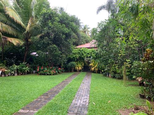 a garden with a brick pathway in the grass at Villa Green in Udugampola