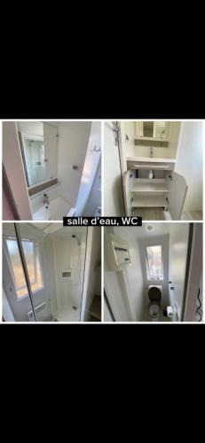 un collage de photos d'une salle de bains avec lavabo et toilettes. dans l'établissement Mobil home 3 chambres ACM, à Vendays-Montalivet