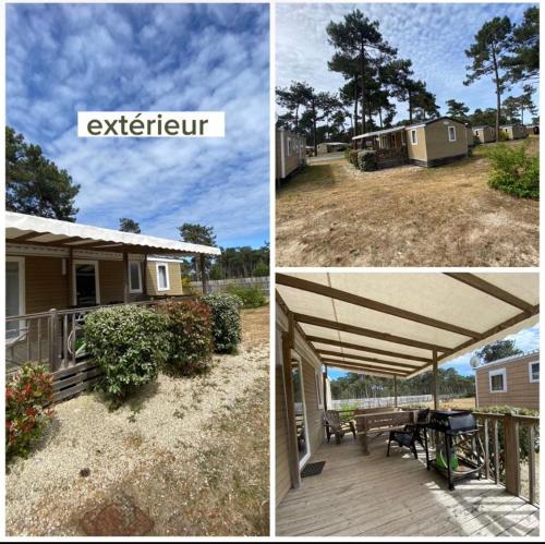 un collage de photos d'une maison et d'une arrière-cour dans l'établissement Mobil home 3 chambres ACM, à Vendays-Montalivet