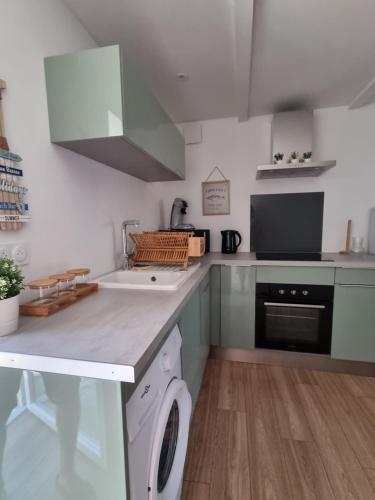 une cuisine avec un évier et une machine à laver dans l'établissement Agréable petite maison au cœur du minervois, à Villarzel-Cabardès
