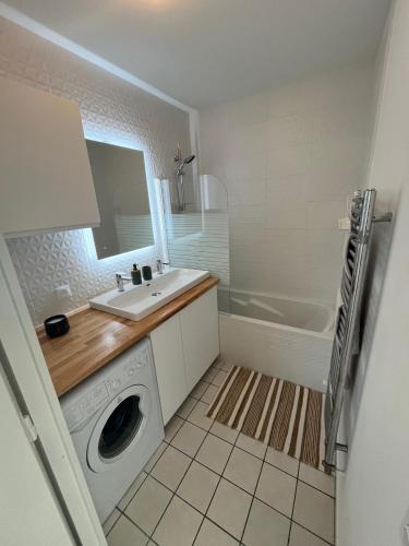une salle de bain avec un lavabo et une machine à laver dans l'établissement Appartement Cosy Lyon - Confluence, à Lyon