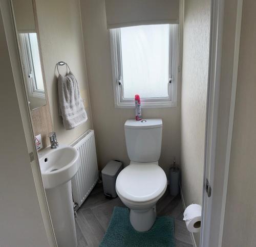a small bathroom with a toilet and a sink at Tucker’s Retreat in Dymchurch