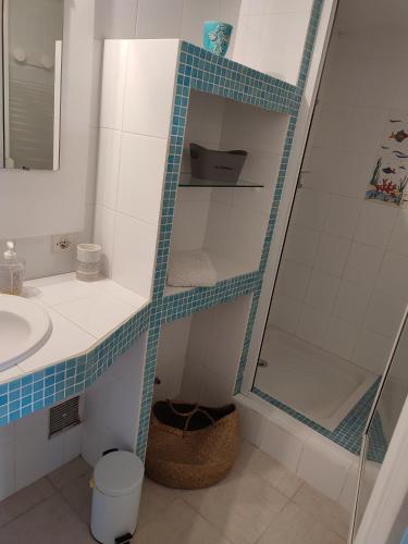 une salle de bain avec douche et lavabo dans l'établissement Le JASMIN, à Mandelieu-la-Napoule
