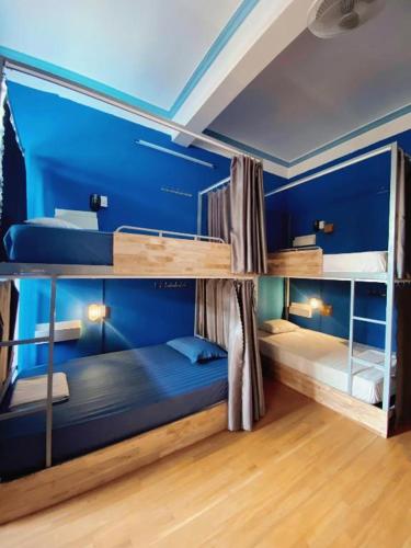 two bunk beds in a room with blue walls at Nhi's House & Safari -Motorbike Rental-Tour in Ha Giang