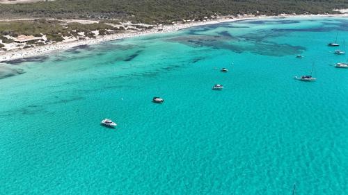 an aerial view of a beach with boats in the water at Finca Hotel Rural Es Turó in Ses Salines