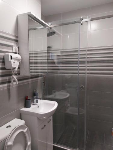 a bathroom with a shower and a toilet and a sink at Sweet home in Šabac