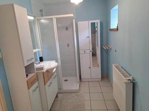 une salle de bain blanche avec un lavabo et une douche dans l'établissement Charmante maison de caractère, à Passy