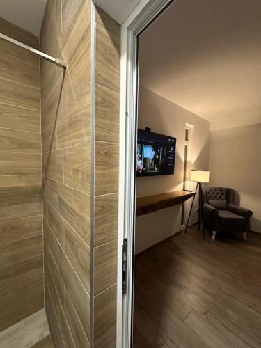 a bathroom with a shower and a television in a room at Janjić Apartmani in Zvornik