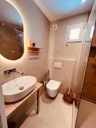 une salle de bain avec un lavabo, des toilettes et un miroir dans l'établissement Proche Paris & Stade De France & Adidas Arena, à Saint-Denis