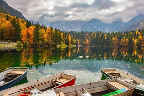 two boats on a lake with trees and mountains at Suita beli Labod in Medvode