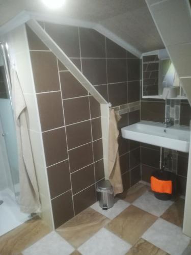 a bathroom with a sink and a toilet and a mirror at Fitness Pension in Sulingen