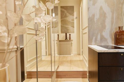 - une cuisine avec une cabine de douche en verre dans l'établissement Versailles Suite - Duke Housing, à Paris