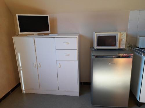 une petite cuisine avec un réfrigérateur et un micro-ondes dans l'établissement Le mansardé du pont de la seine, à Troyes