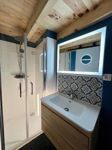 une salle de bain avec un lavabo et une douche dans l'établissement La chambre du cantou, à Lautrec