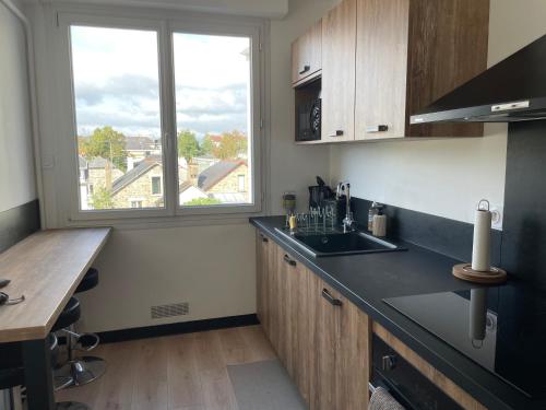 une cuisine avec un comptoir, un évier et une fenêtre dans l'établissement La Caliorne, à Rennes
