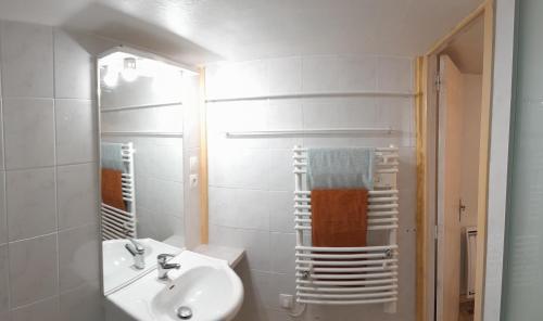 une salle de bain blanche avec un lavabo et un miroir dans l'établissement Studio indépendant avec jardin, à Saint-Cyr-sur-Loire