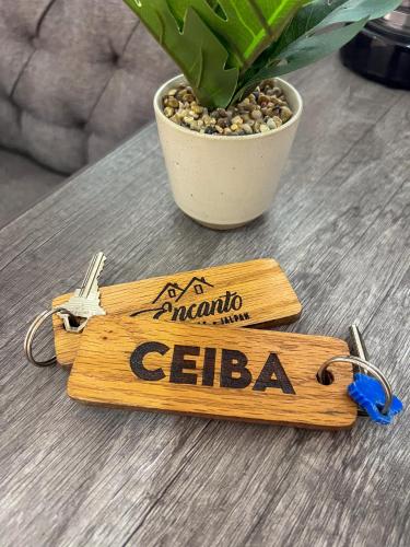 a wooden key chain on a table with a plant at VILLAS EL ENCANTO in Jalpan