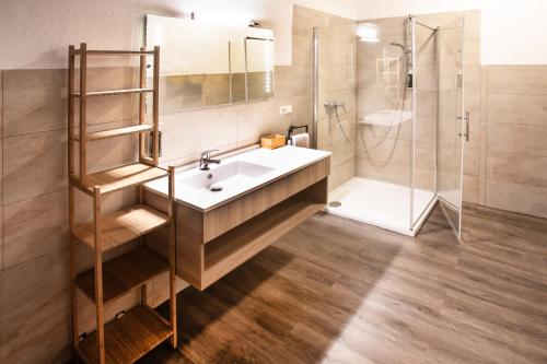 a bathroom with a sink and a shower at Hotel Hüttenmühle Hillscheid in Hillscheid
