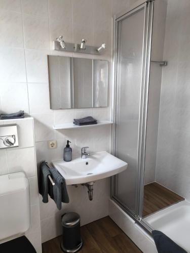a bathroom with a sink and a shower at Ferienwohnung Fleur in Bad Kohlgrub