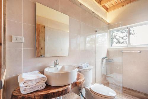 a bathroom with a sink and a toilet and a mirror at Majestic villa with stunning views in Jarabacoa in Buena Vista