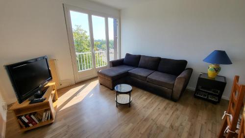 un salon avec un canapé et une télévision dans l'établissement T3 With 2 Loggias And Parking Tournus Center, à Tournus