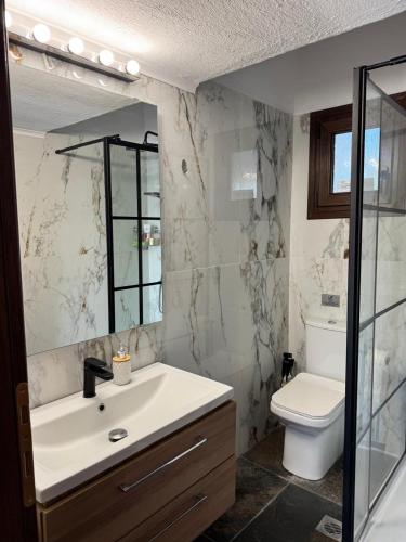 a bathroom with a sink and a toilet at Elia Sea View Apartments 2 in Elia