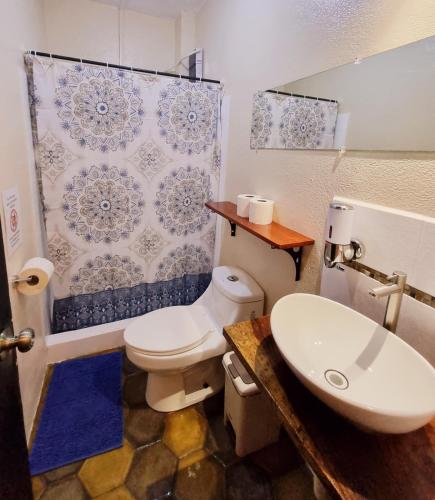 a bathroom with a toilet and a sink and a shower at Casa Pura Vida Surf Hostel - Tamarindo Costa Rica in Tamarindo