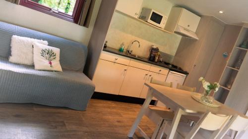 a living room with a table and a couch and a kitchen at Camping De Bosrand in Sint Geertruid