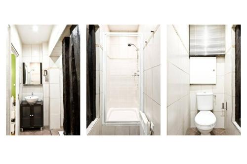 - deux photos d'une salle de bains avec toilettes et lavabo dans l'établissement Bluestay 235 - Superbe appartement à Paris, à Paris