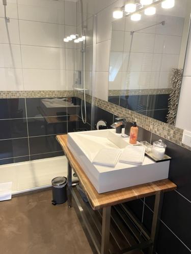 a bathroom with a white sink and a shower at Les Myosotis Chambres d'hôtes - Sarreguemines in Zetting
