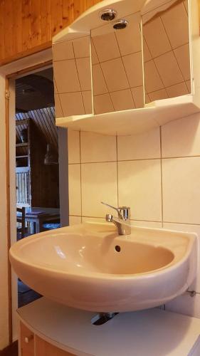 a sink in a bathroom with a mirror at gemütliches Waldhaus in Milmersdorf