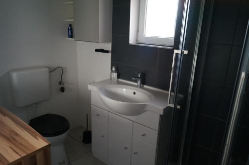 HünxeにあるRanch Drevenackの洗面台とトイレ付きのバスルーム