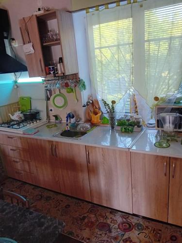a kitchen with wooden cabinets and a sink and a window at Ruska's Guesthouse in Kveda-Bashi