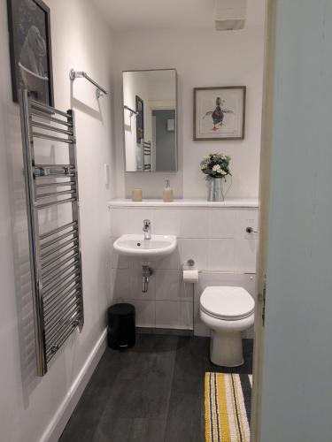 a bathroom with a white toilet and a sink at Stunning Modern Coventry City Centre Apartment in Coventry