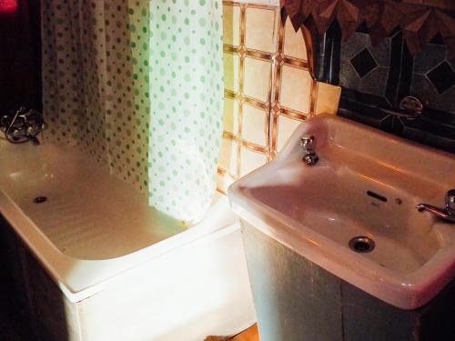 a bathroom with a sink and a tub and a shower curtain at Veena Palace Group Of Houseboats in Srinagar
