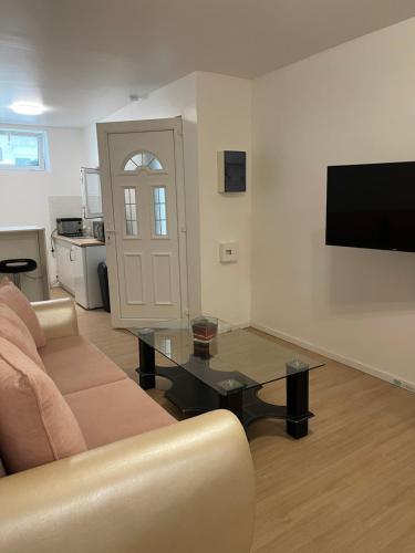 un salon avec un canapé et une table dans l'établissement studio 28m, à Saint-Claude