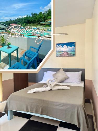a bedroom with a bed and a balcony with a view at Juanito's Resort in Tangalan