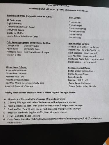 eine Seite der Speisekarte für ein Restaurant in der Unterkunft The Landerholm Bed and Breakfast in Wisconsin Rapids