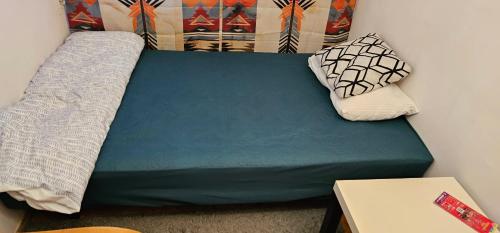 - un canapé vert avec des oreillers dans l'établissement Oddzielny pokój we wspólnym mieszkaniu, à Varsovie