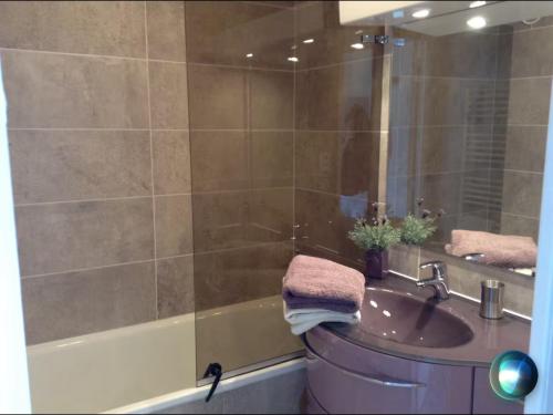 une salle de bain avec un lavabo, une douche et une baignoire dans l'établissement Studio 34m2 avec la terrasse 60m2, aperçu mer, parking, Clim, plage à 150 m,Wi-fi, piscine, à La Grande Motte