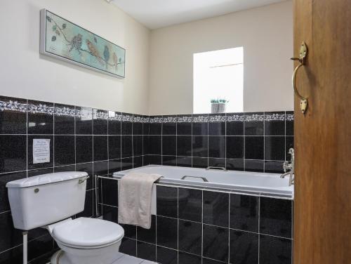a bathroom with a white toilet and a bath tub at Pabo Lodge in Llandudno Junction