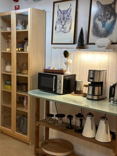 a counter with a microwave on top of a shelf at Lumi Guest House in Arvidsjaur