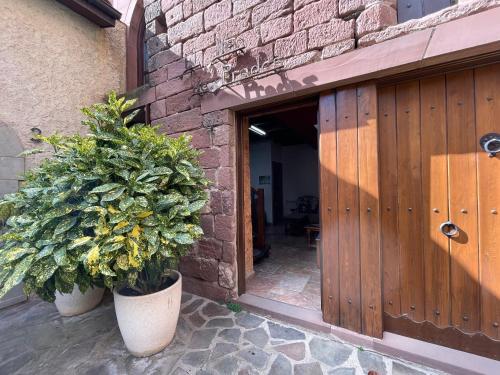 a entrance to a brick building with two potted plants at CAN LLORENÇ in Prades
