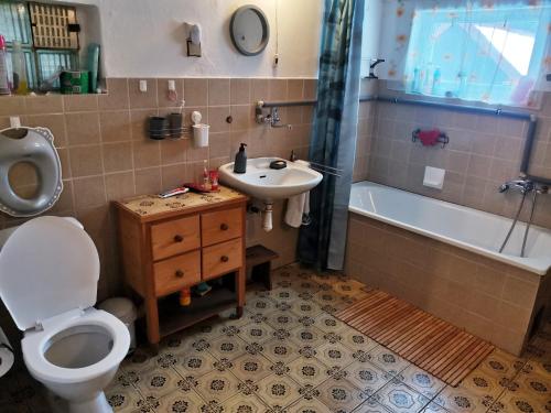 a bathroom with a toilet and a sink and a tub at Chalupa u Matucha in Jablonec nad Nisou