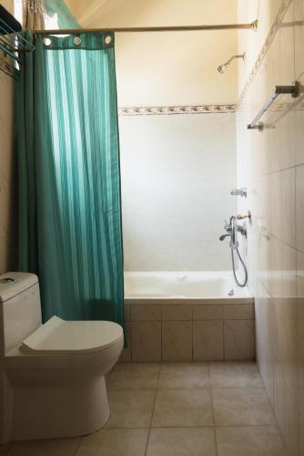 a bathroom with a toilet and a green shower curtain at Baruah Bhavan Homestay in Guwahati