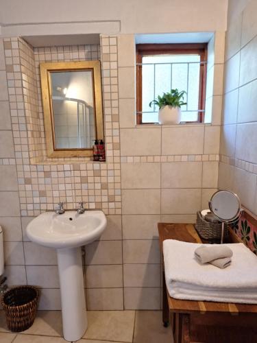 a bathroom with a sink and a mirror at House Forget Me Not in Bredasdorp