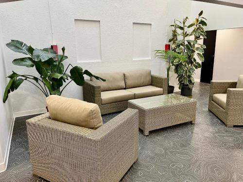 a living room with couches and tables and plants at Les Cimes du Mont Royal in Montréjeau